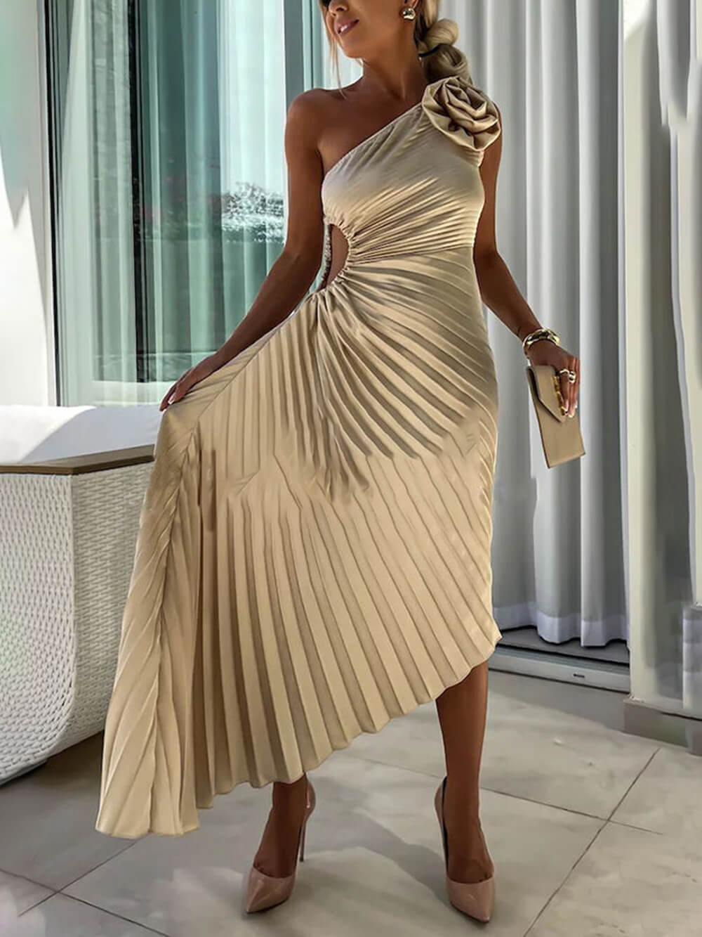 Romantic Night Guilloche Stretch Hollow Trendy One Shoulder Pleated Maxi Dress