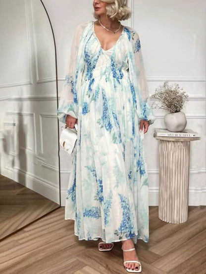 Ocean Flower Chiffon Floral Graceful Drawstring Waist Maxi Dress