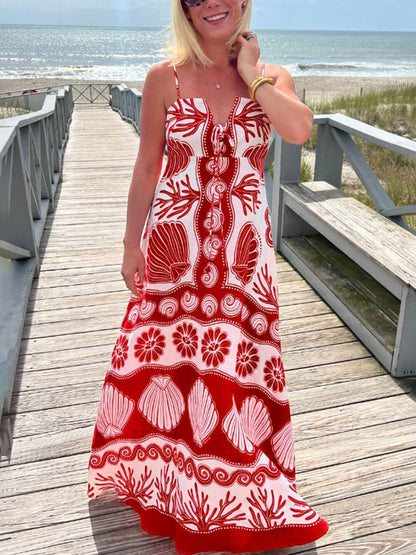 Shell Unique Print Front Graceful Lace-Up Loose Maxi Dress