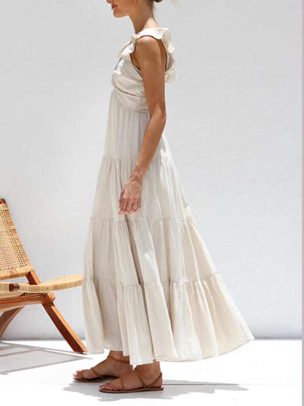 Ruffled Flying Sleeves Smocked Graceful Back Tiered Vacation Maxi Dress