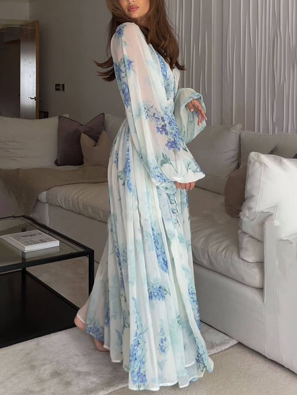 Ocean Flower Chiffon Floral Graceful Drawstring Waist Maxi Dress