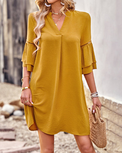 V-neck ruffle sleeve dress in solid color