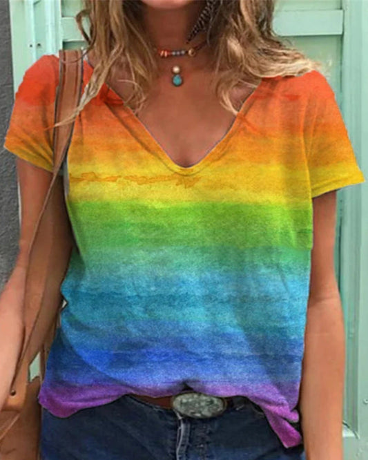 short-sleeved print rainbow V-neck t-shirt