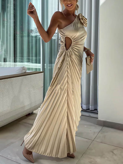 Romantic Night Guilloche Stretch Hollow Trendy One Shoulder Pleated Maxi Dress