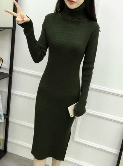 Ribbed Turtleneck Long Sleeve Knit Sweater Dress