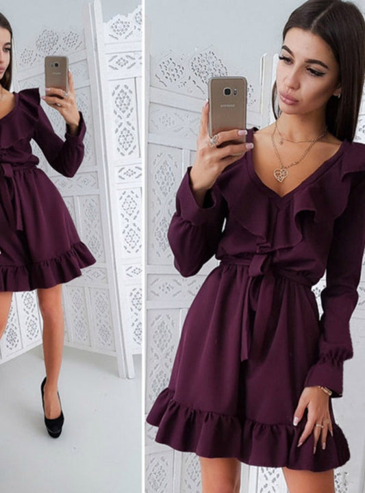 Autumn Women's Dress with Solid Color Ruffles and Sashes