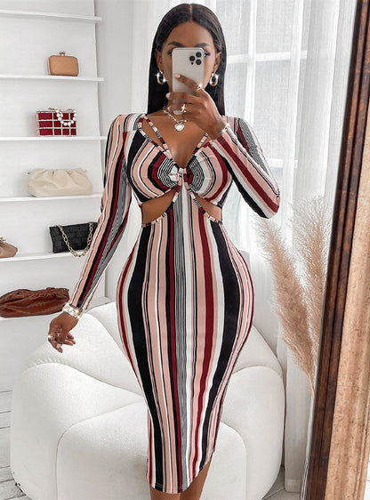 Striped Long-sleeved Dress with Chest Wrap