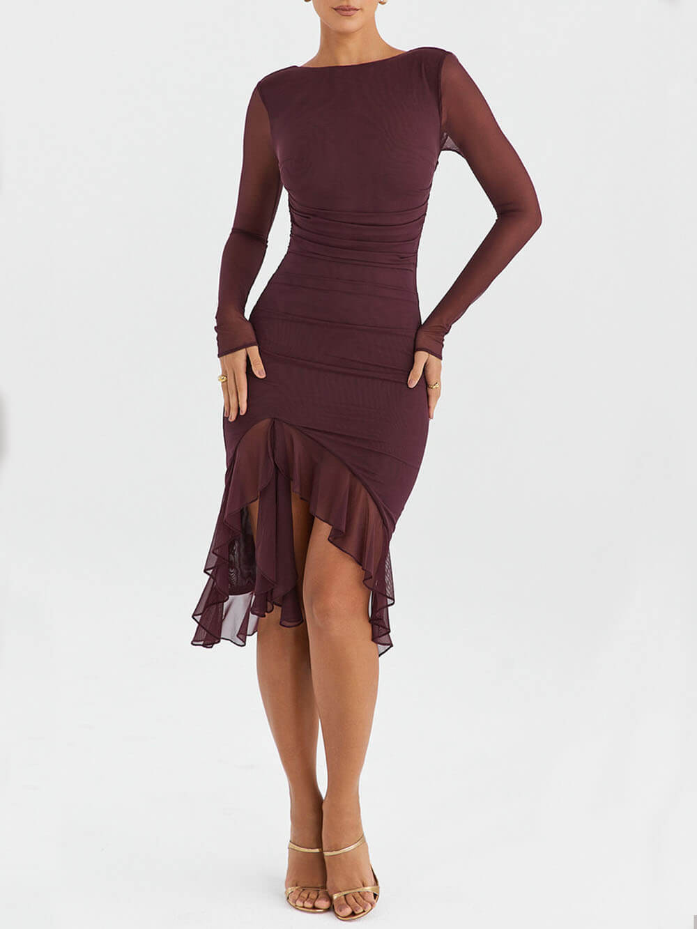 Wine Ruffle Stylish Midi Dress