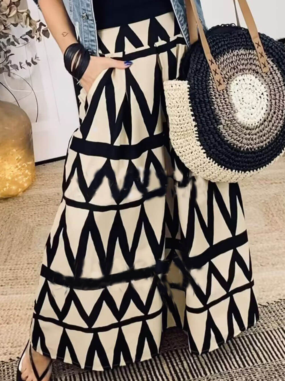 Triangle Printed Back Waist Graceful Elasticated Pocket Maxi Skirt