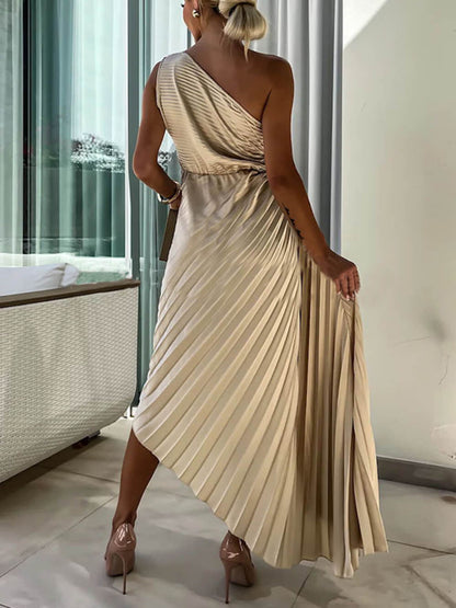 Romantic Night Guilloche Stretch Hollow Trendy One Shoulder Pleated Maxi Dress