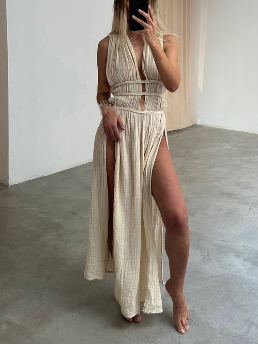 Boho Braids Belt Cutout Graceful Slit Kaftan Maxi Dress