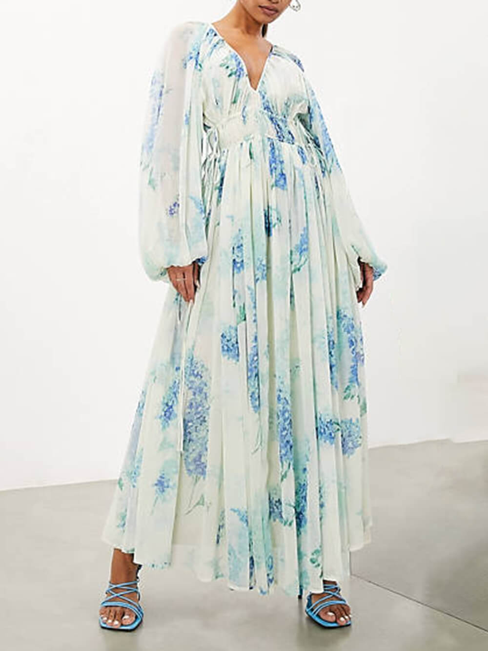 Ocean Flower Chiffon Floral Graceful Drawstring Waist Maxi Dress