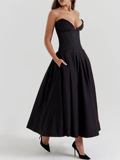 Black Strapless Stylish Midi Dress