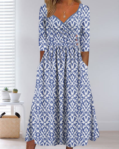 V-neck print button dress