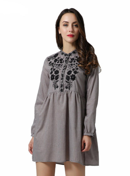 and Long Flowered Gown O Sleeves with Casual Folded Embroidery Neck - Mini Dress