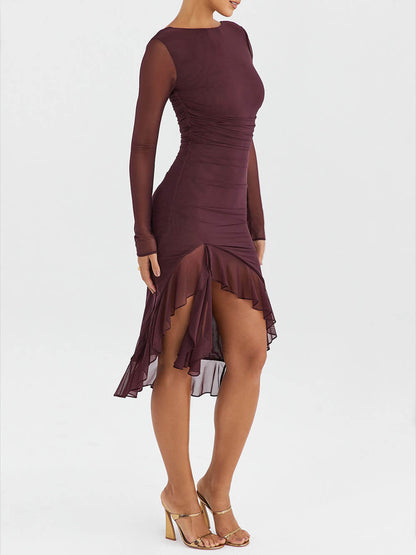 Wine Ruffle Stylish Midi Dress