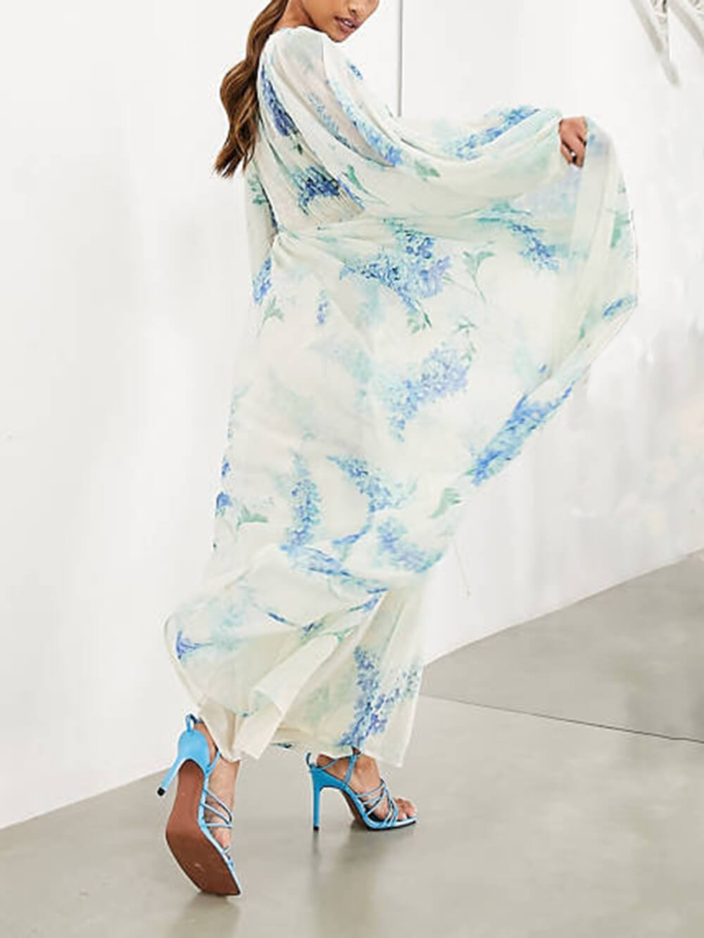 Ocean Flower Chiffon Floral Graceful Drawstring Waist Maxi Dress