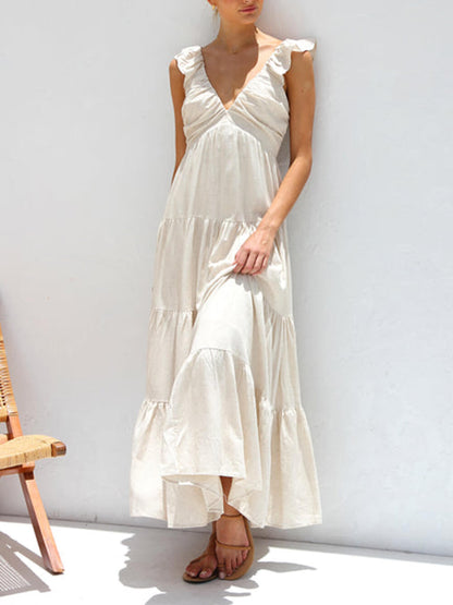 Ruffled Flying Sleeves Smocked Graceful Back Tiered Vacation Maxi Dress