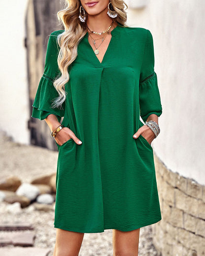 V-neck ruffle sleeve dress in solid color