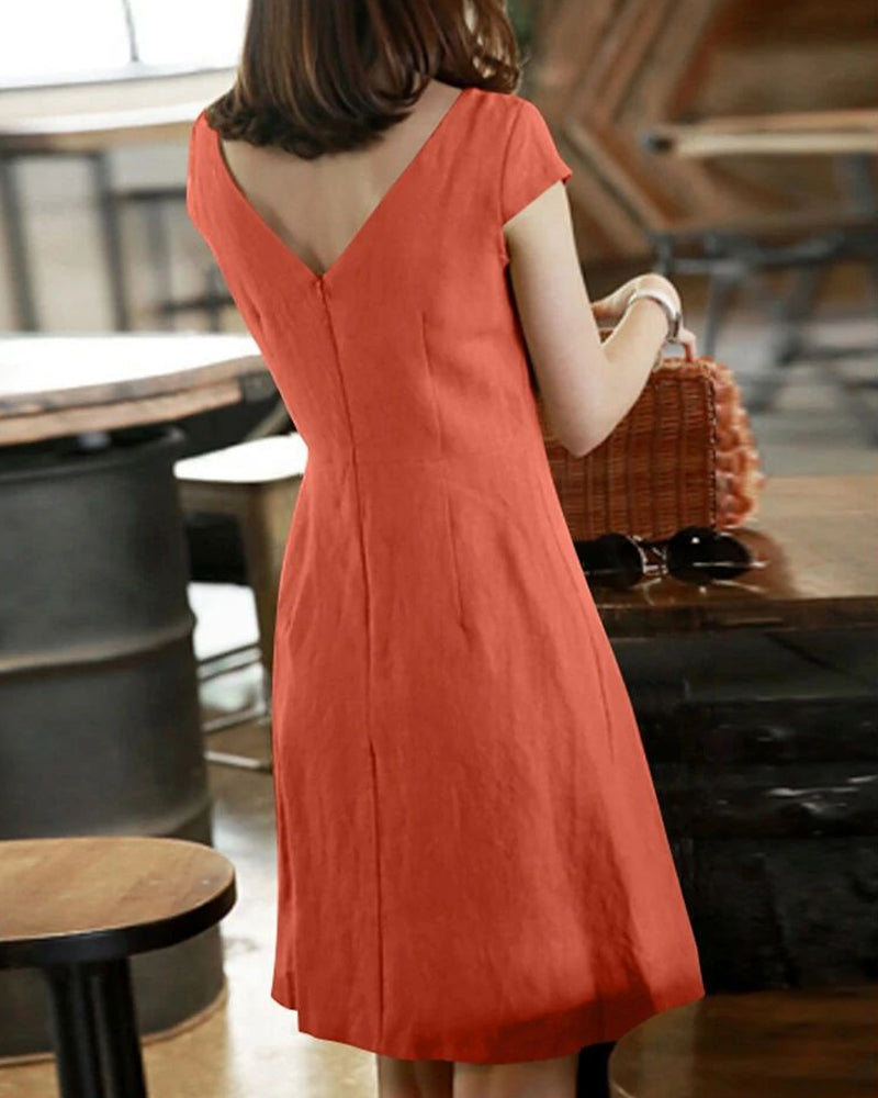 Solid Color Cotton and Linen Short-Sleeved Dress