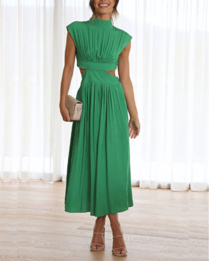 Solid color long dress with stand collar and waist tie