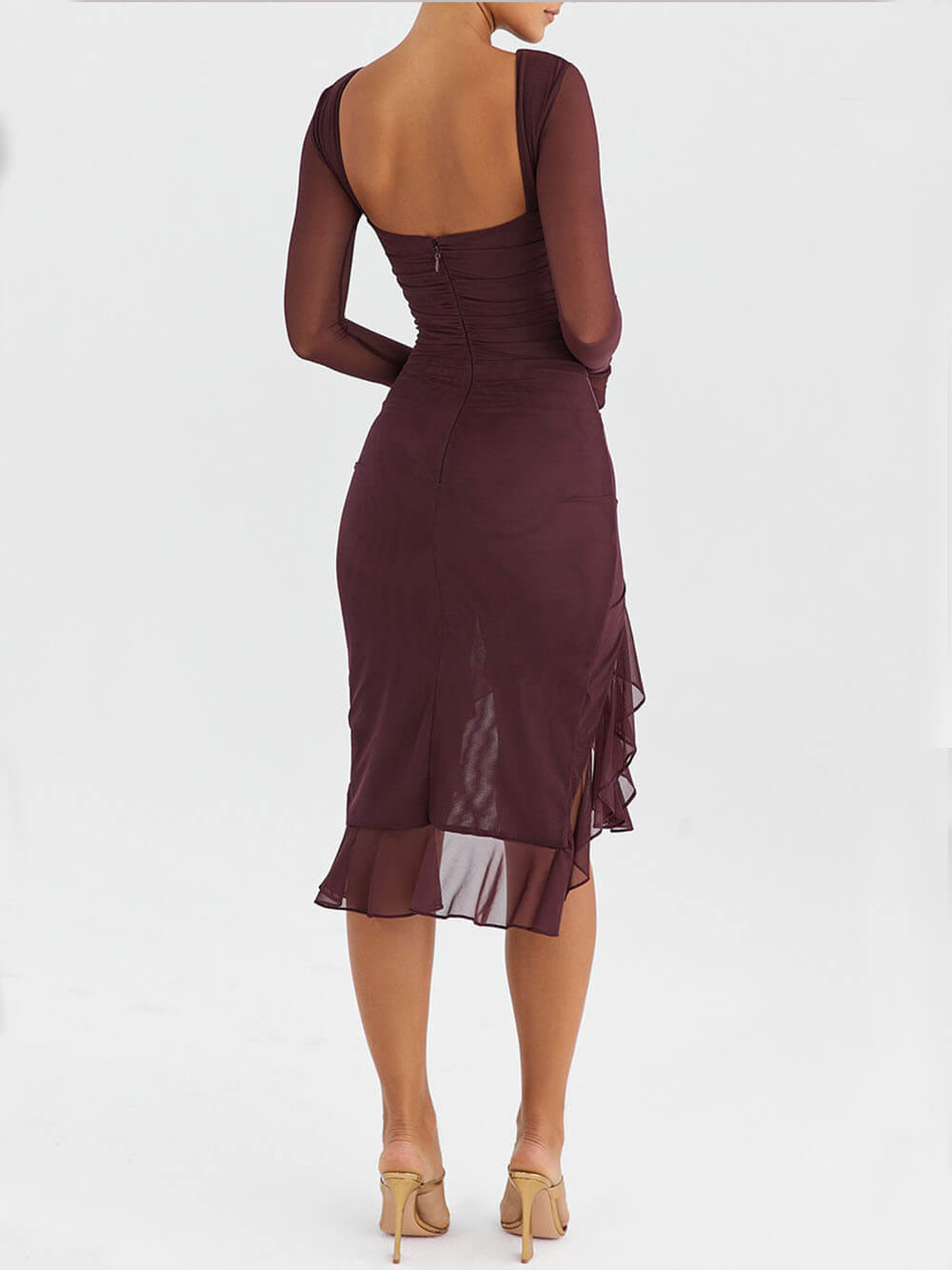 Wine Ruffle Stylish Midi Dress