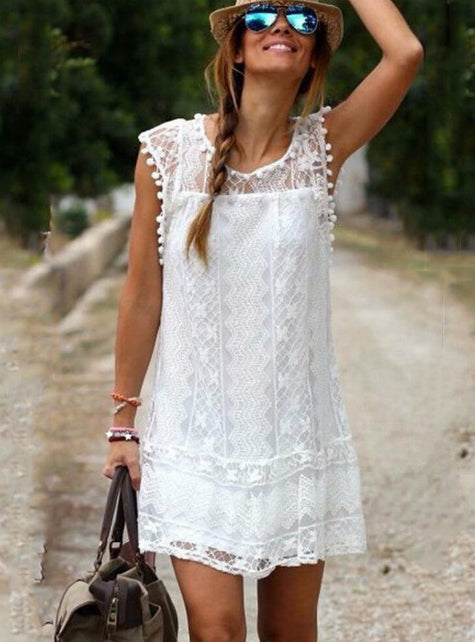 Beach Short Dress with Tassel in Black and White - Mini Lace Dress