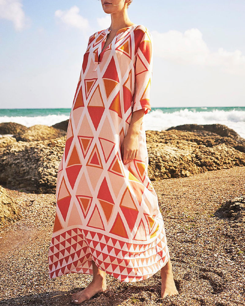 V-neck casual dress with geometric print