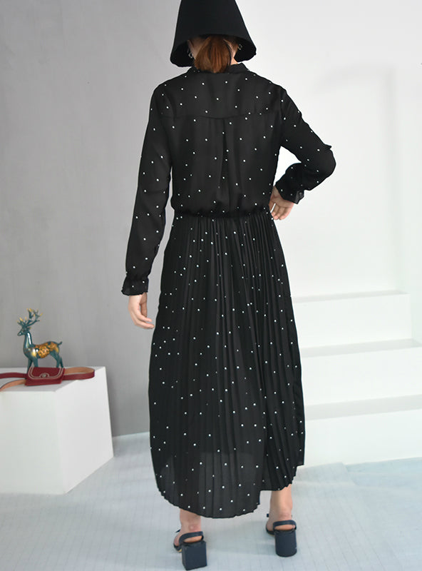 Solid Black Chiffon Dot Loose Big Size Dress with Long Sleeves