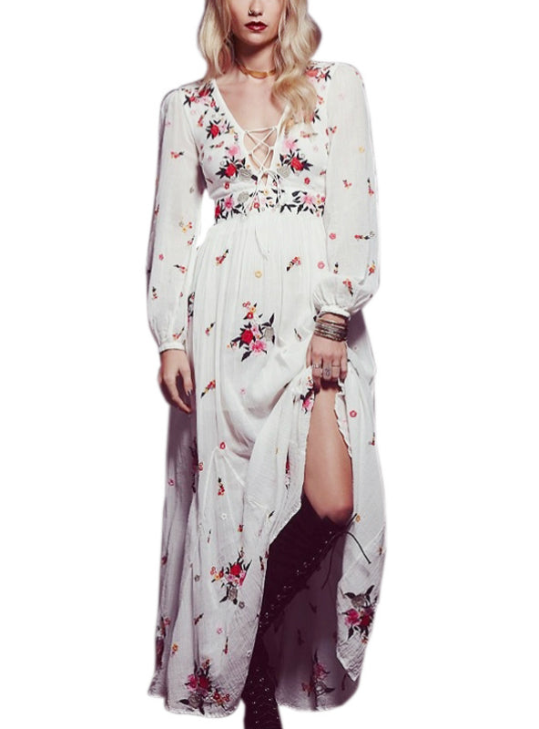 Tassel Embroidery Full-Length Flowered Dress