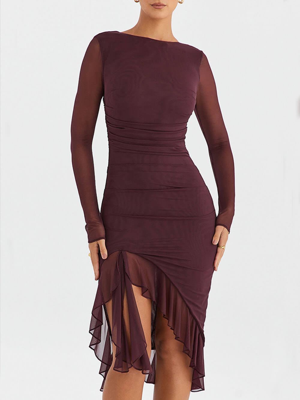 Wine Ruffle Stylish Midi Dress