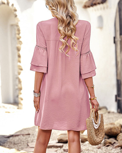 V-neck ruffle sleeve dress in solid color