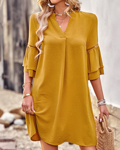 V-neck ruffle sleeve dress in solid color