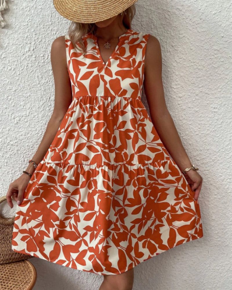 Sleeveless Dress with Leaves Print