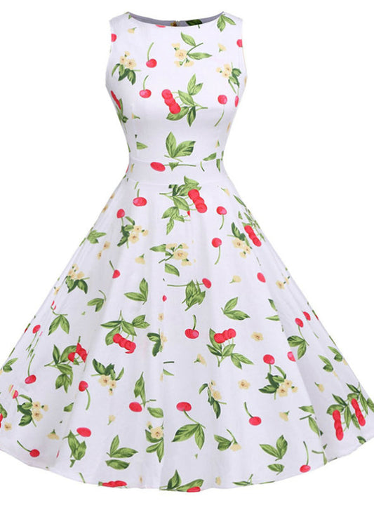 Vintage Rockabilly White Print Party Dress with Belt