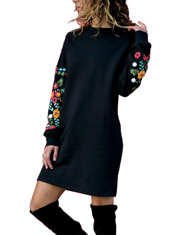 Arm Loose O-Neck Design Long Flowered Warm Dress