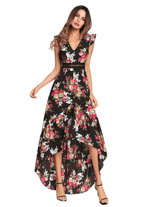 Bohemian Irregular Flowered Design V-Neck Dress