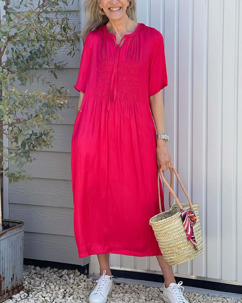 Red V-Neck Dress with Pleats