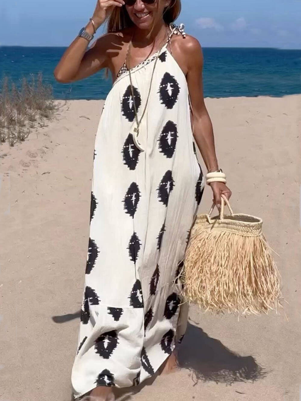 Sunshine Ethnic Print One Graceful Shoulder Loose Maxi Dress