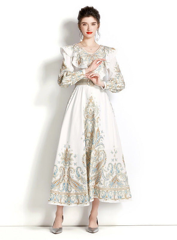 V-Neck Gown Patterned Ruffled Long with Sleeves