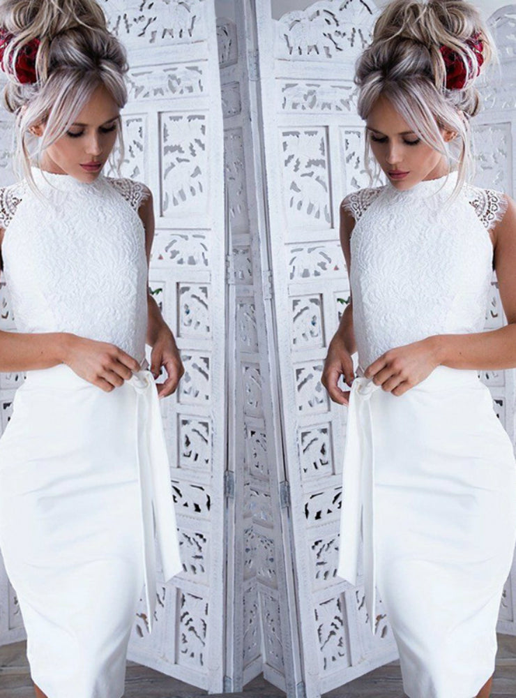 White Bodycon Dress - Knee-Length Slim Elegant Club Casual