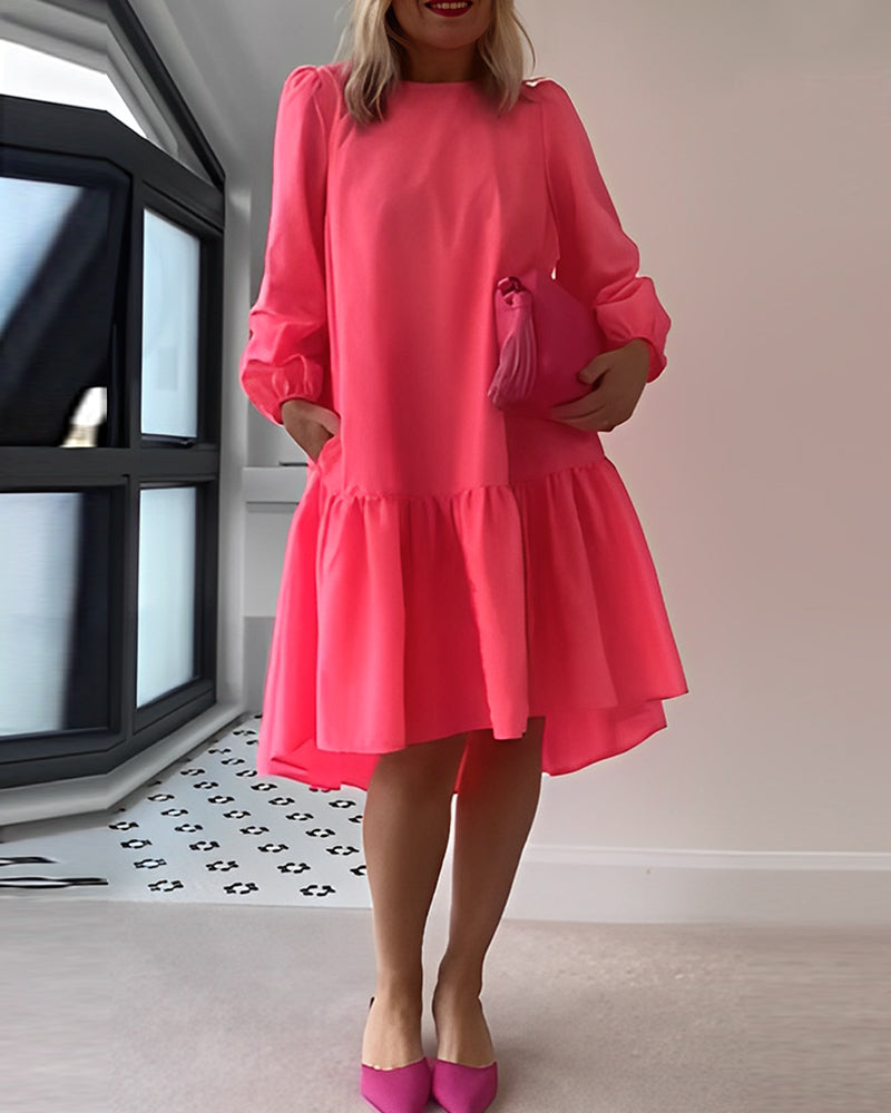 Round Neck Long Sleeve Dress - Solid Color