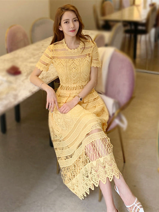 Yellow Lace Summer Style Short Sleeve Hollow Out Midi Vintage Dress