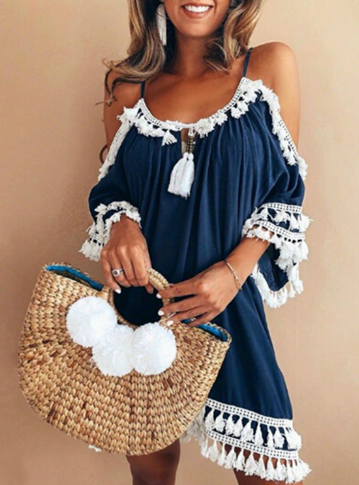 Vintage Boho Mini Beach Party Dress with Round Neck and 3/4 Sleeves