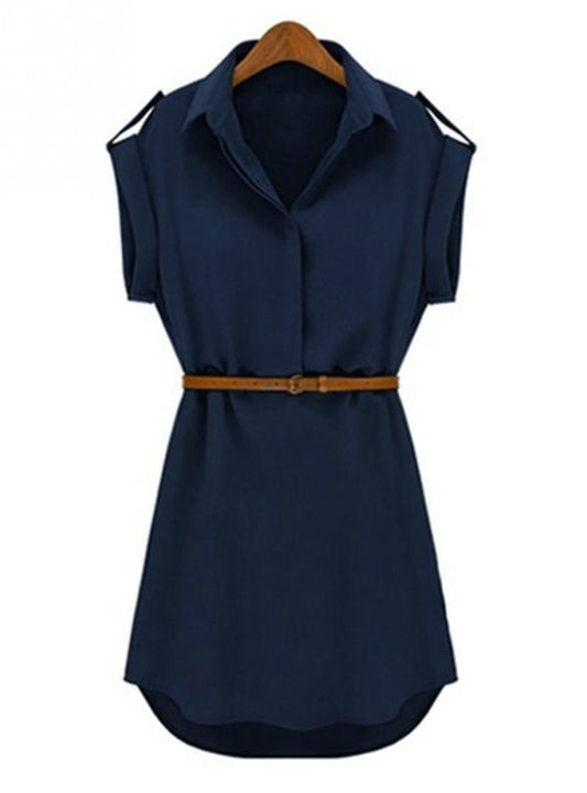 Short Sleeve Women's Shirt Blouse Dress with Belt