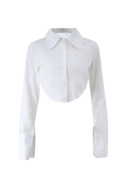 Long Button-Up Cropped Blouse Arm with White Lapel