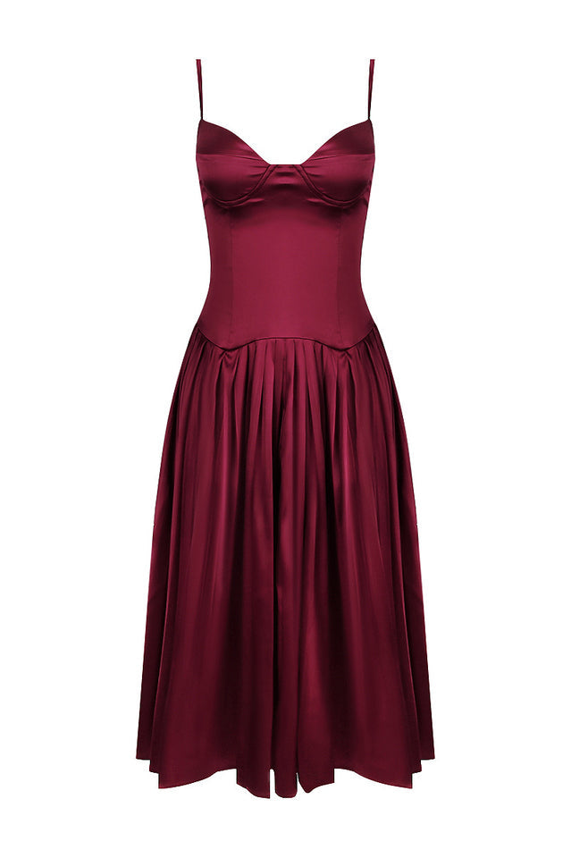 Beau Burgundy Stylish Pleated Midi Dress