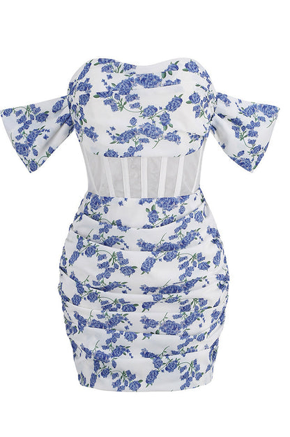 Blue Print Ruched Charming Floral Mini Dress