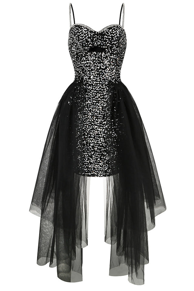 Ariel Black Stylish Sequin Diamante Dress