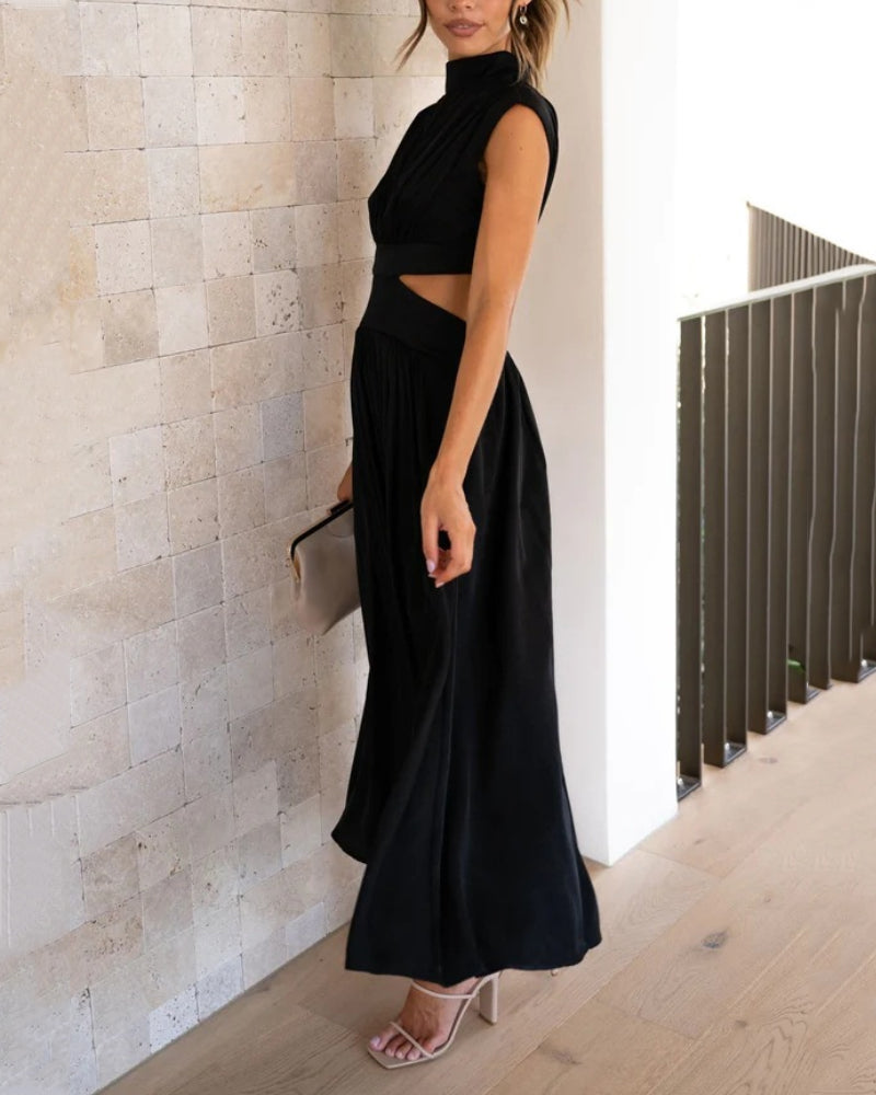 Solid color long dress with stand collar and waist tie